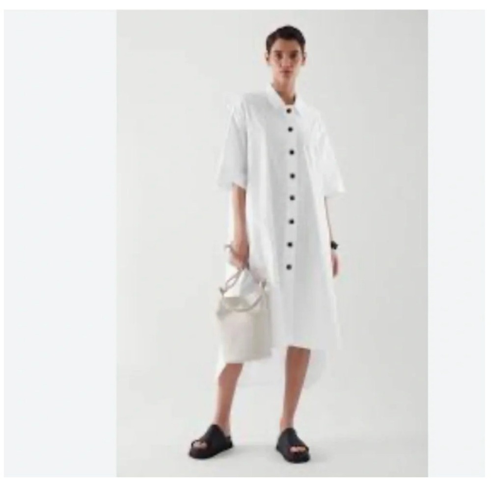 COS White Cotton Short Sleeve Button Down Shirt Dress High Low M Minimalist